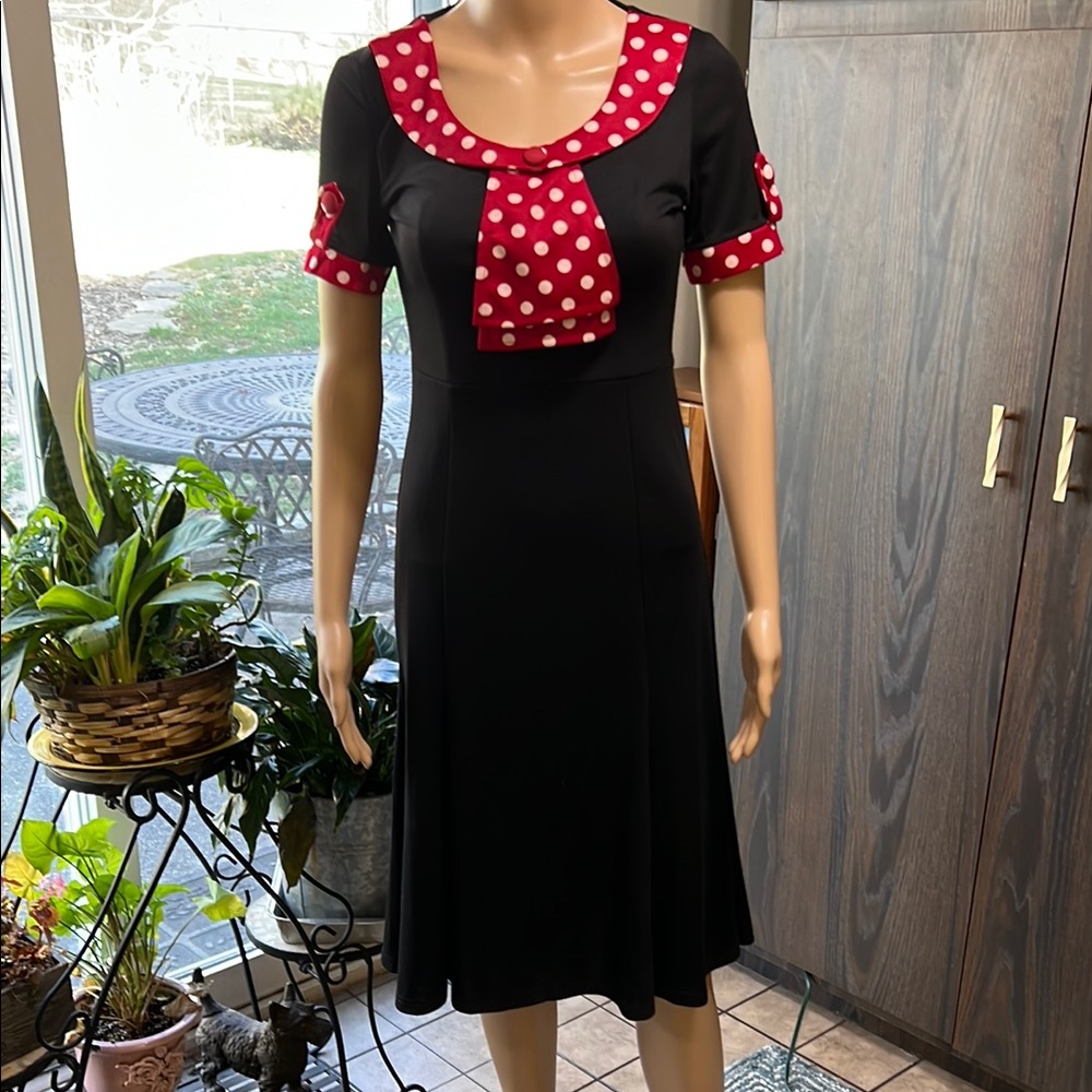 RoRox Dress, Black with Red and White Polkadot Details, Size Small